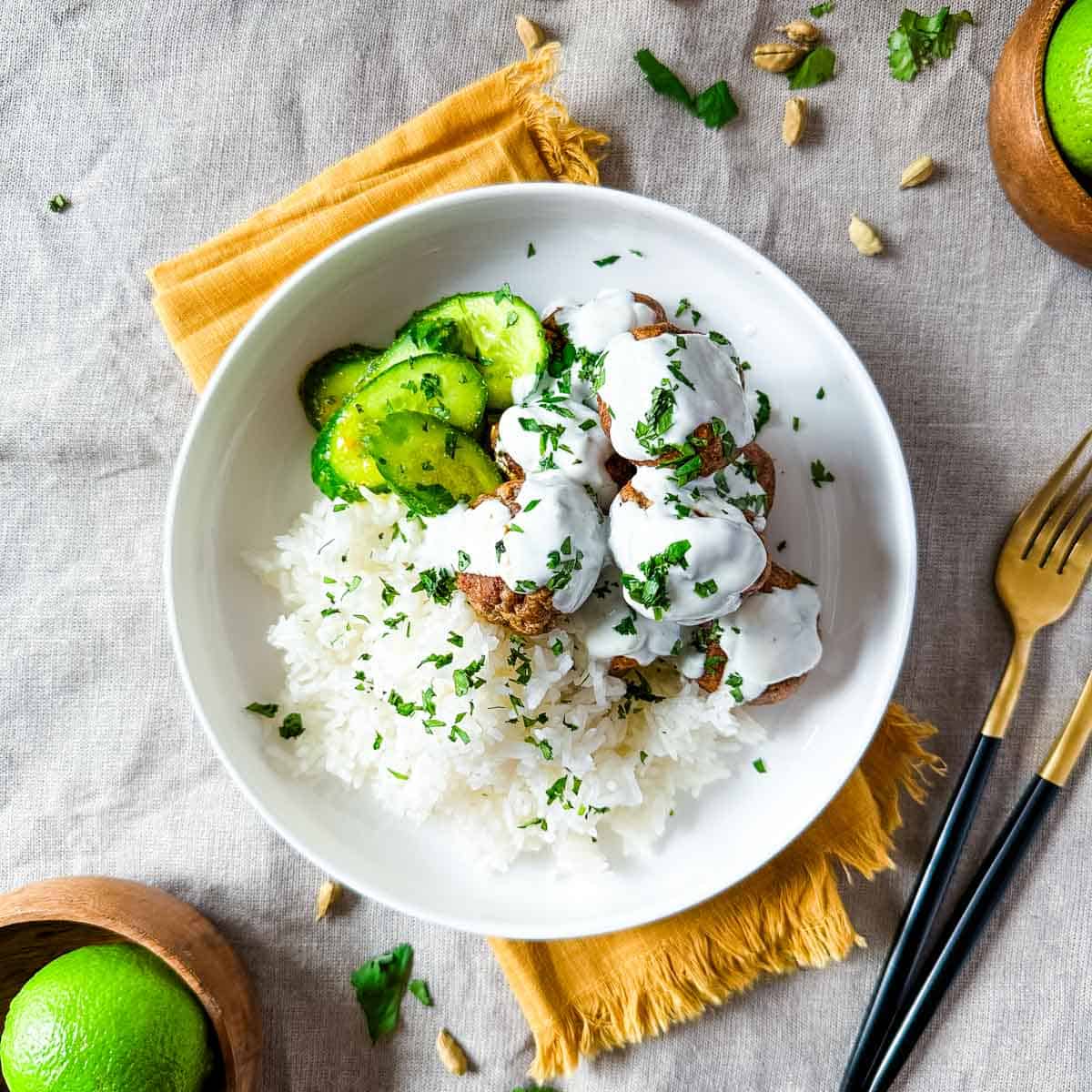 Sheet Pan Chicken Tikka Meatballs with Quick Pickled Cucumbers