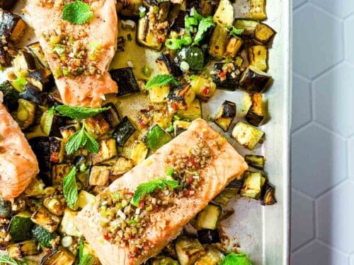 Sheet Pan Salmon with Eggplant, Zucchini and Chili Crisp – Natalie Sheet Pan Salmon with Eggplant, Zucchini and Chili Crisp – Natalie