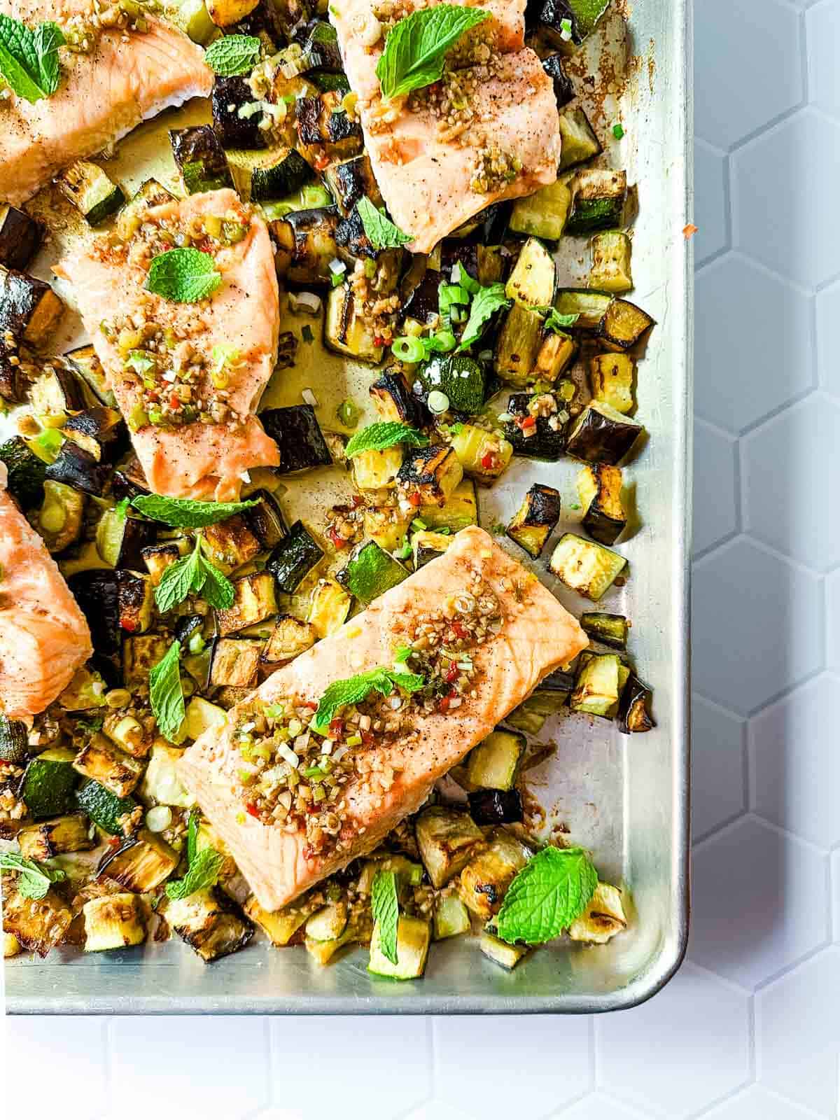 Sheet Pan Salmon with Eggplant, Zucchini and Chili Crisp – Natalie